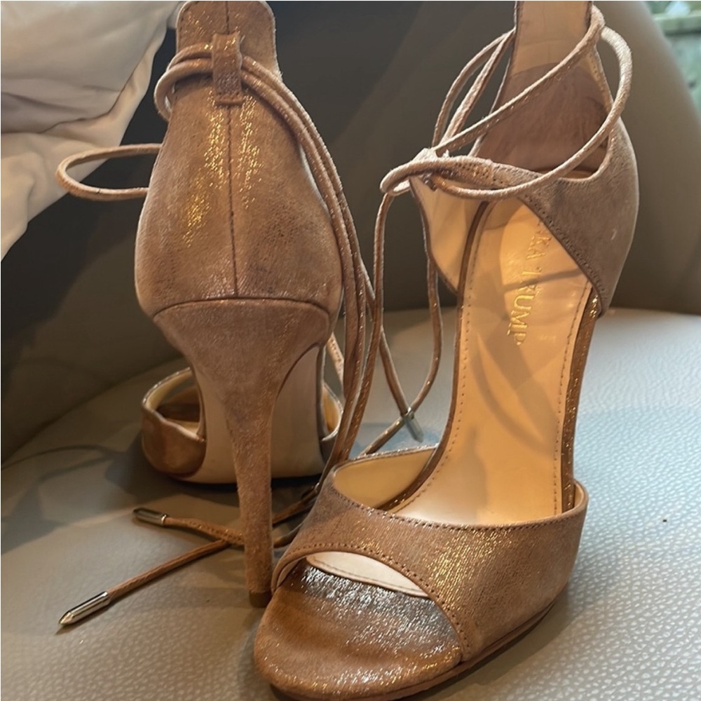 Gold Sparkly Ivanka Trump Sandal Tie Up Strappy Heels Peep Toe